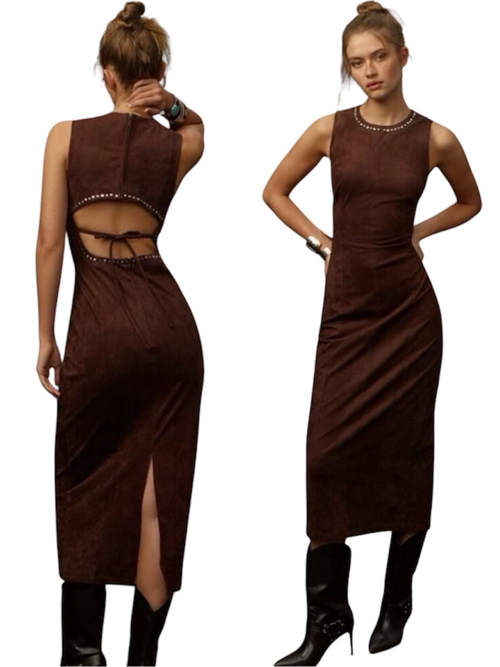 The Wolf Gang Mecca Stud Midi Dress Chocolate Brown Sz XL Preppy Chic